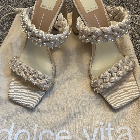 Dolce Vita Cream Slide Sandals with Pearl Details - Picture 3 of 5
